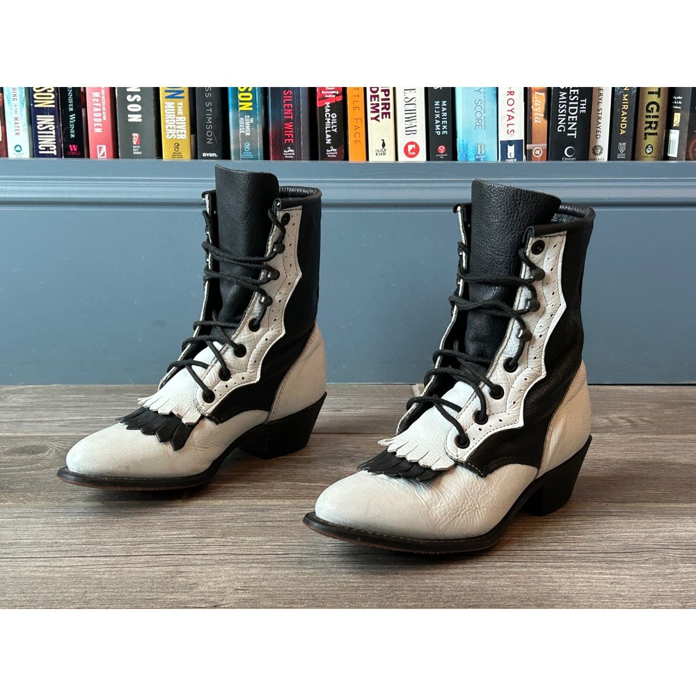 Durango Womens Black White Leather Lace Up Western Kiltie Boots RD597 Size 6M